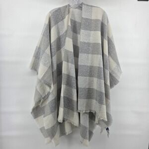 Old Navy Poncho Wrap One Size Gray Cream Plaid Fringe Cozy Eclectic Boho 408509